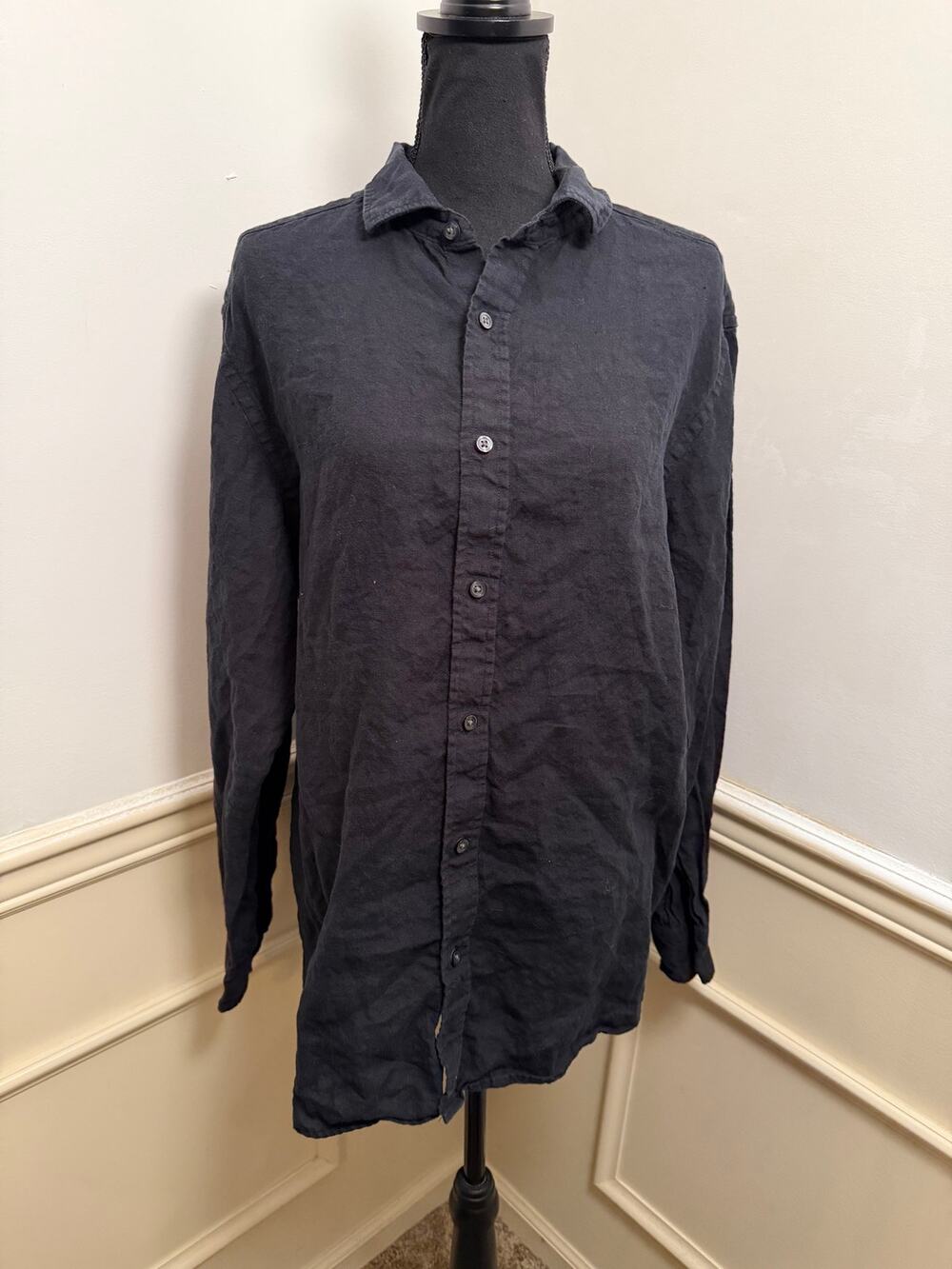 Charles Tyrwhitt Men's Linen Long Sleeve Button Down Shirt Black Resort Wear